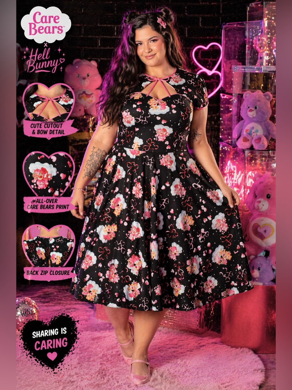 Tenderheart Care Bears Fit & Flare Dress – Hell Bunny Black Heart Retro Dress